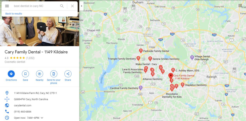 Local listings Google business maps profile example for dental practice