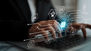 Futuristic digital interface with AI symbols